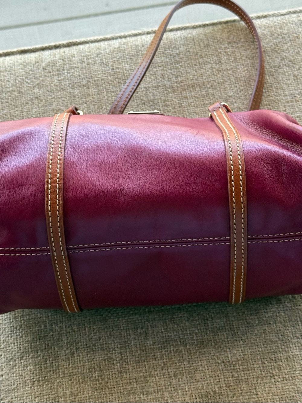 Dooney & Bourke Plum Leather Barrel Satchel with Brown Trim - Picture 4 of 8